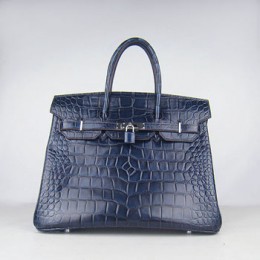 Hermes Birkin 35Cm Crocodile Big Stripe Handbags Dark Blue Silver
